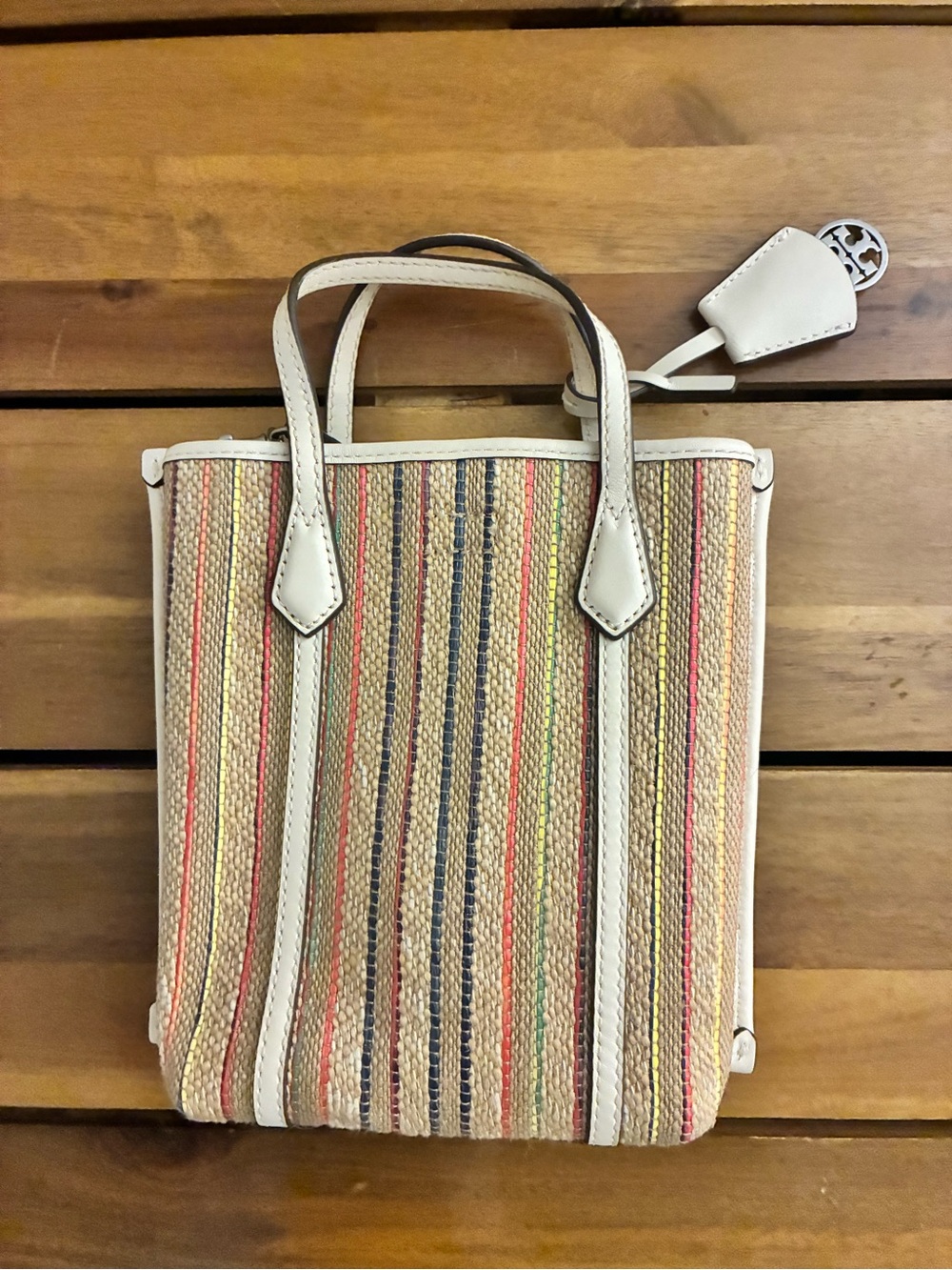 Tory Burch Multicolor Stripe Straw Tote with Cream Trim